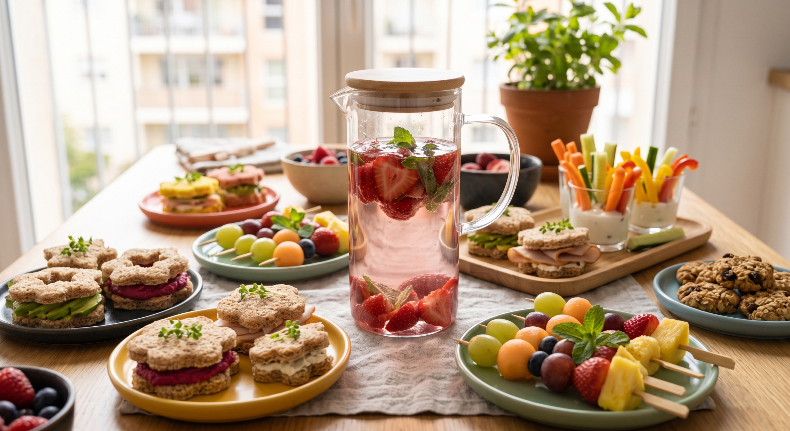 Mesa infantil con jarra de agua de fresas liofilizadas y aperitivos