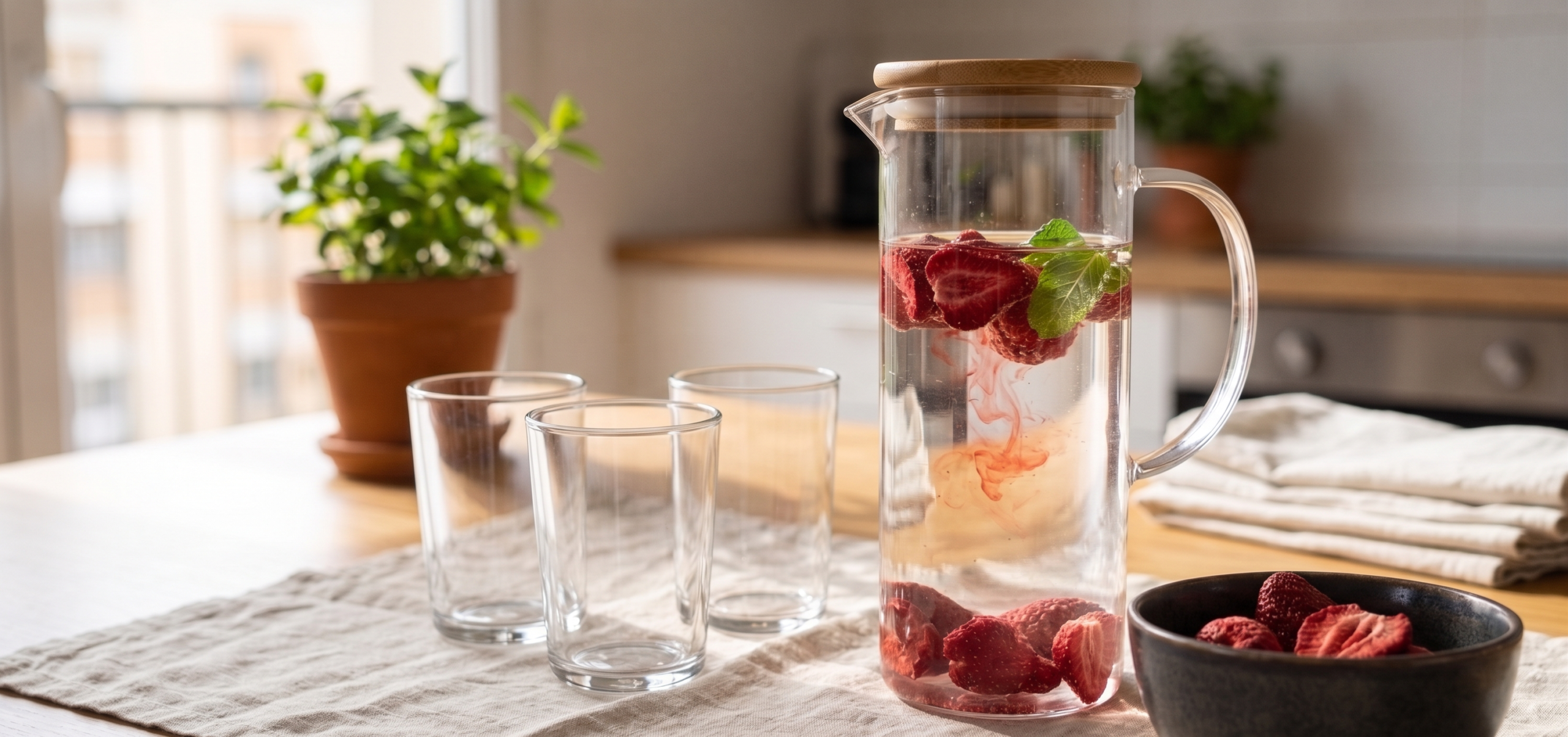 Agua saborizada con fresas liofilizadas para una fiesta de niños