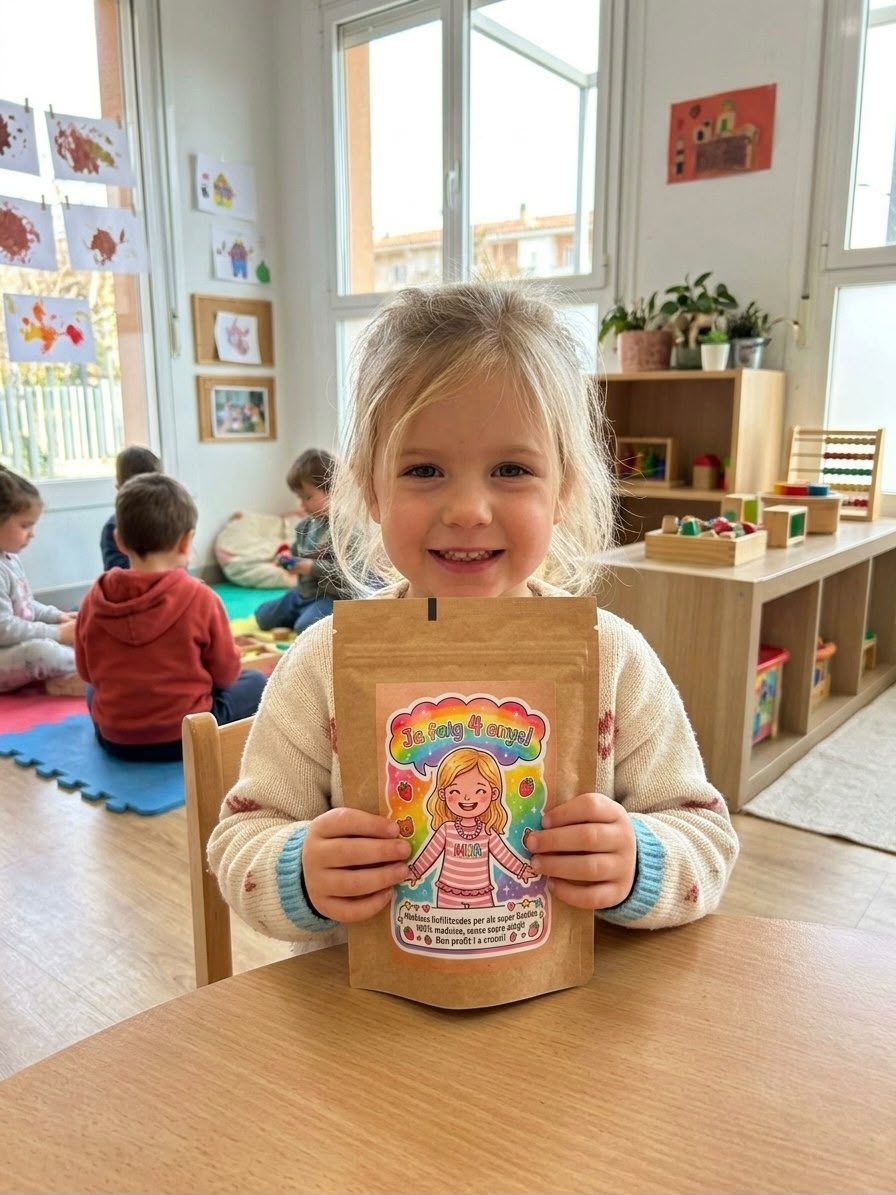 Niña sonriendo con una bolsita Frutabo personalizada con su propia ilustración
