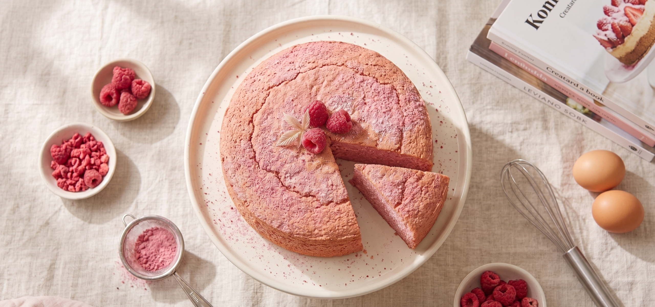 Bizcocho esponjoso rosado con frambuesa liofilizada Frutabo