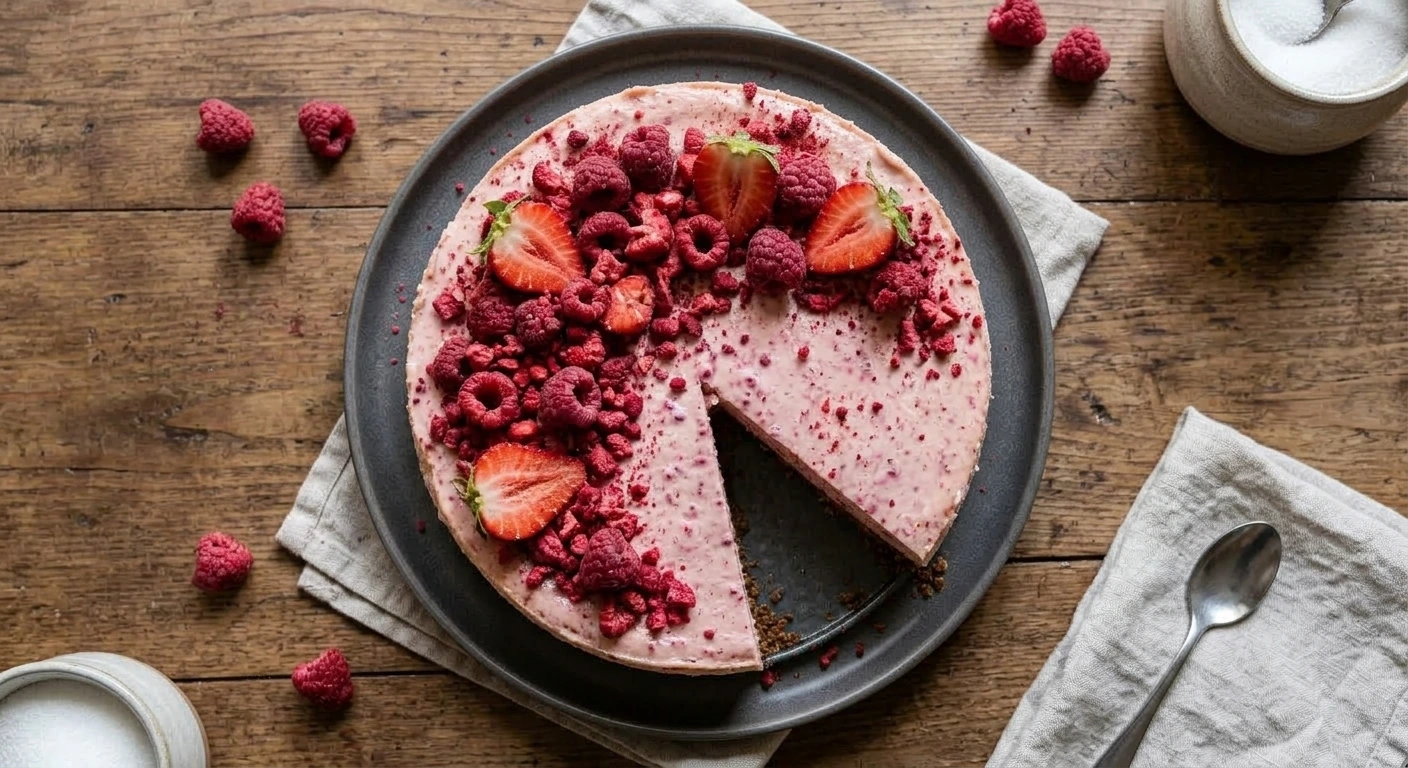 Proceso y presentación casera de la tarta de queso con frambuesas