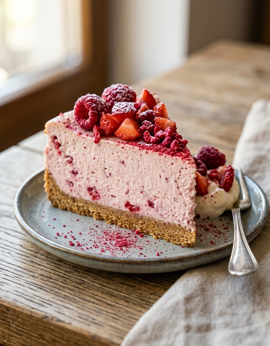 Corte perfecto de tarta de queso con frambuesas y textura cremosa
