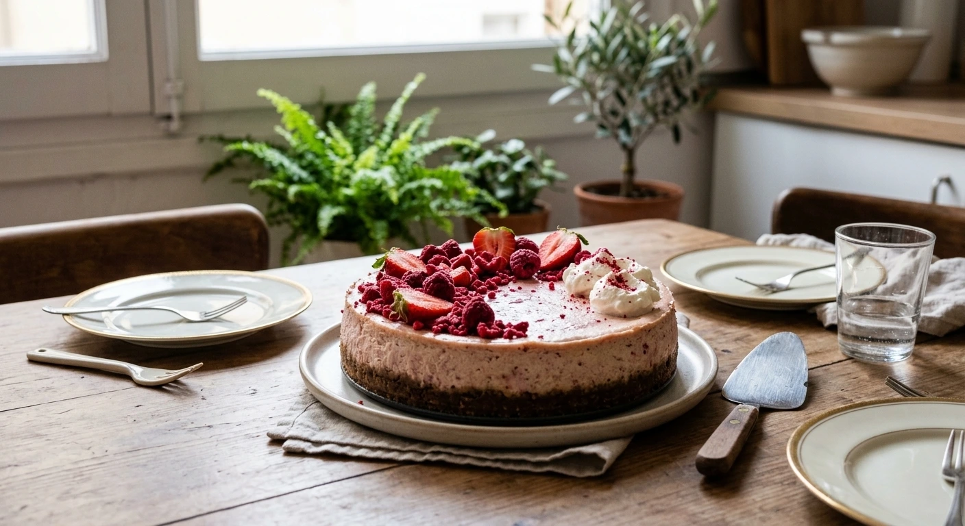 Tarta de queso cremosa con frambuesas liofilizadas Frutabo vista aérea